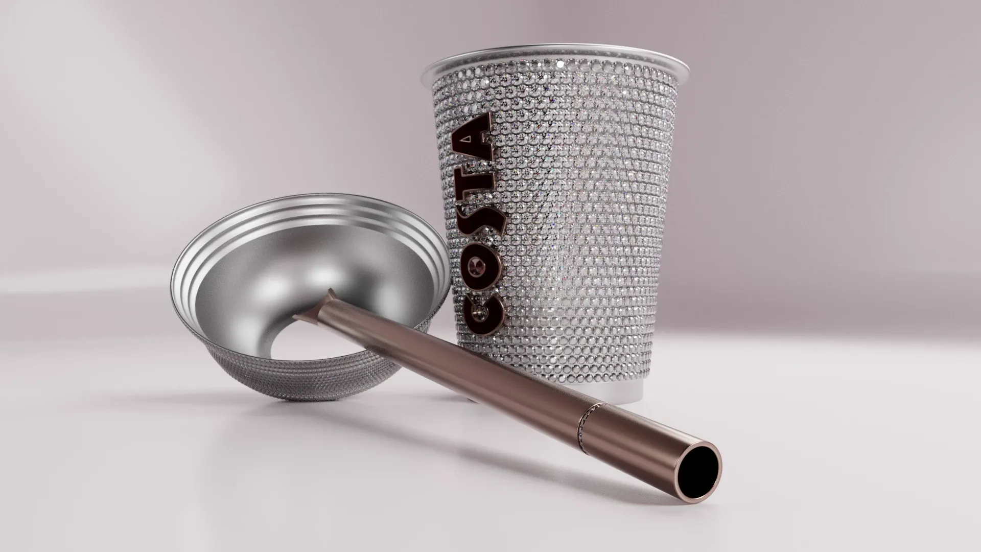 a rendered image of a Costa Coffee cup, lid and straw in precious metal with diamonds
