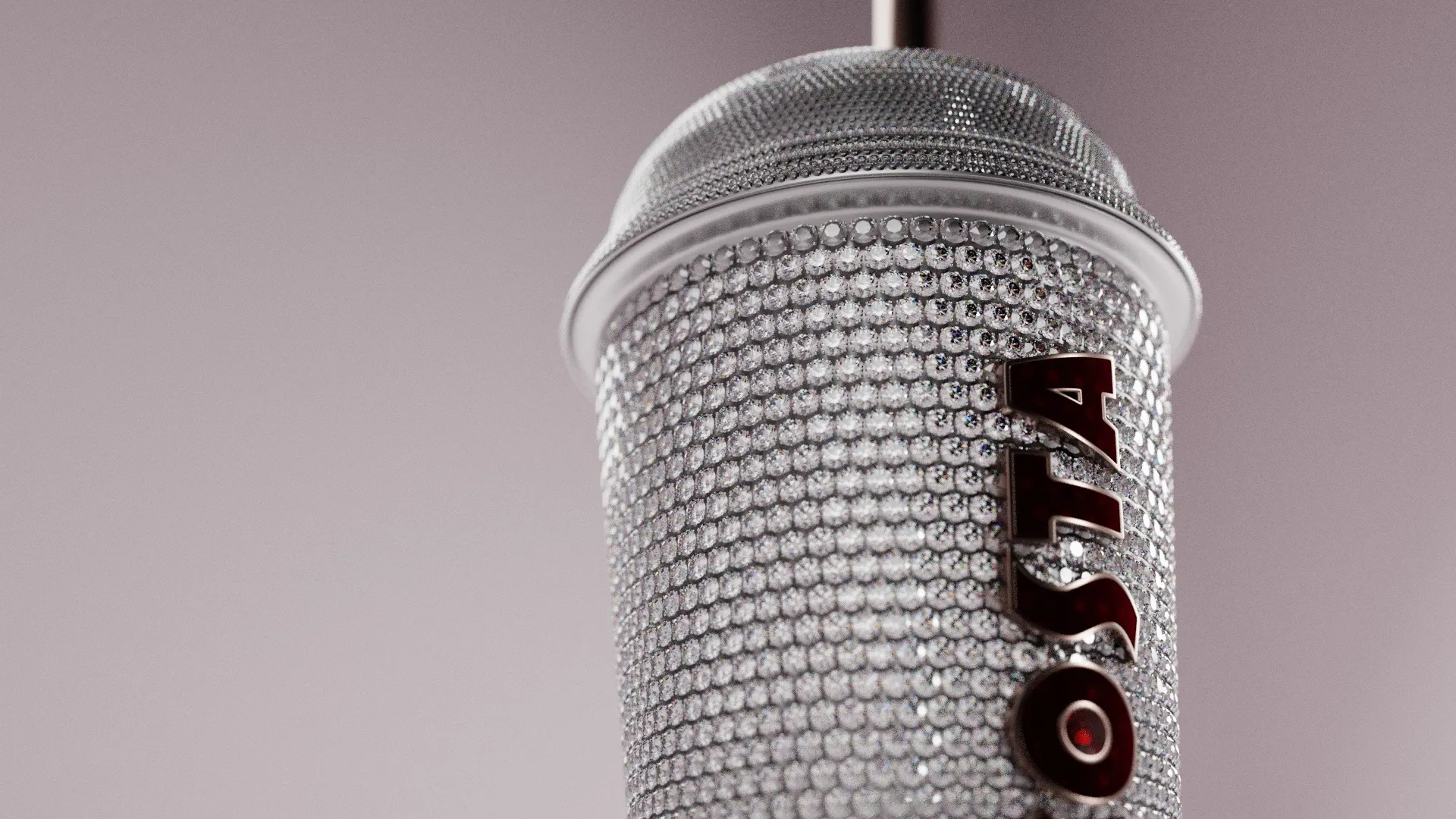 a rendered image of a close-up Costa Coffee cup in precious metal with diamonds