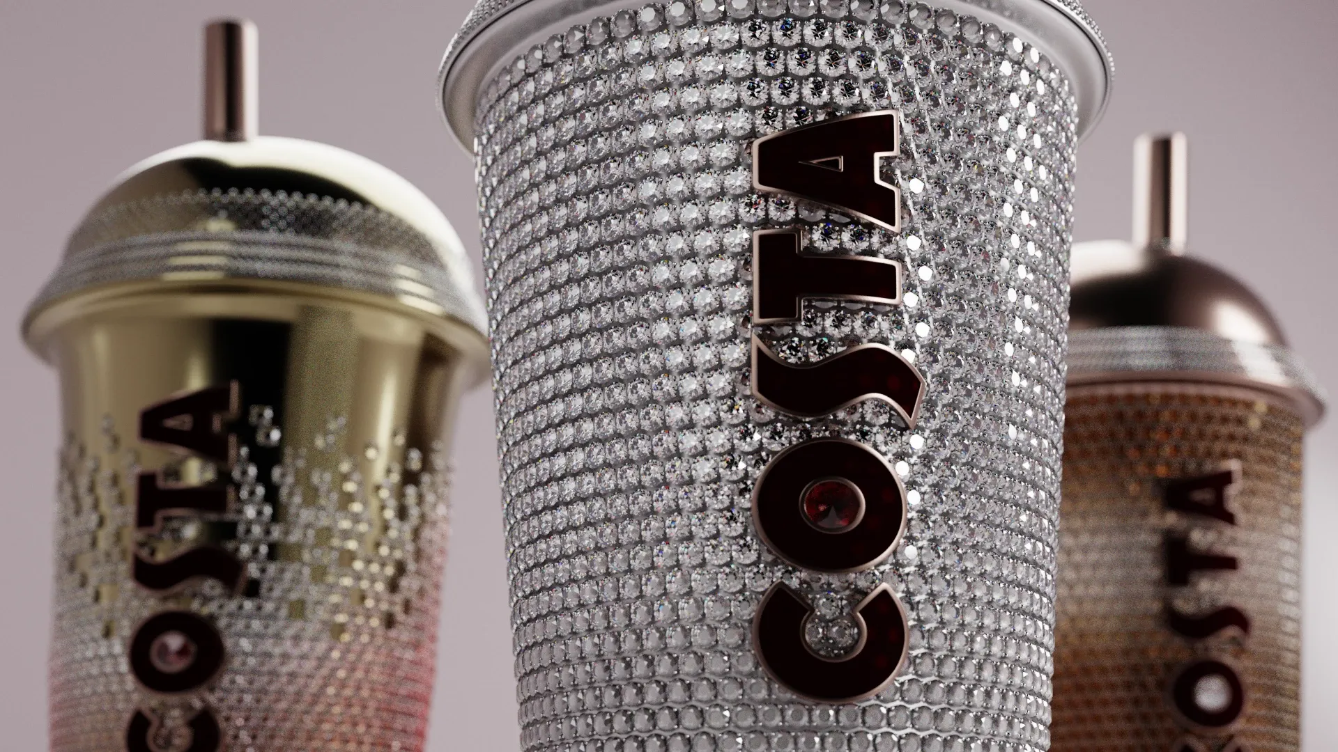 a rendered image of three Costa Coffee cups with lids and straws in precious metal with diamonds, with different designs on each cup